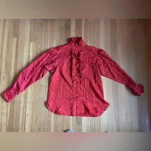 Red vintage Evan Picone tuxedo ruffled blouse dots silky M 6 8 10 geometric
